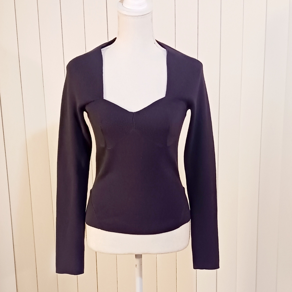 House of Harlow 1960 Black Knit Long Sleeve Top Diamond-neck Women's M NWT